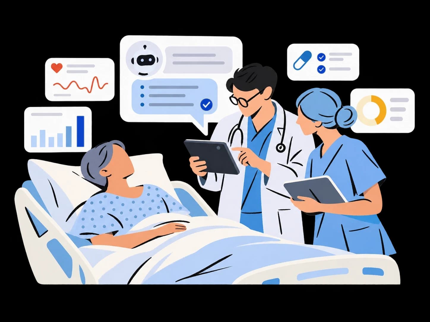 Ilustración: personal de salud consulta al asistente de cetamed en una tableta junto a la cama de un paciente.