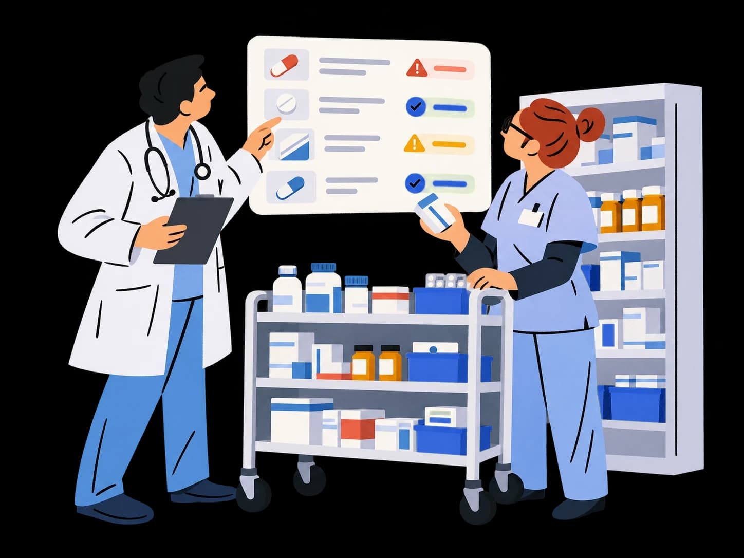 Ilustración: personal de farmacia revisa una lista de medicamentos con alertas de inventario.